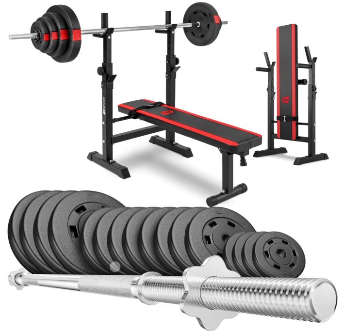 Langhantel mit Bank und Gewichten